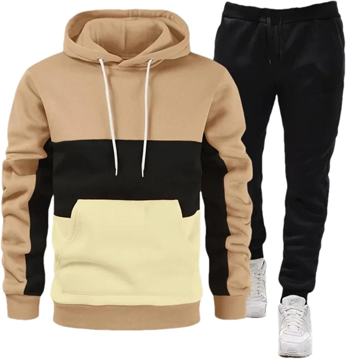 ZMIN Mens Tracksuit Hooded Sweatshirt+Sweatpants 2 Piece Set Casual Sports Suit Jogging Patchwork Clothing