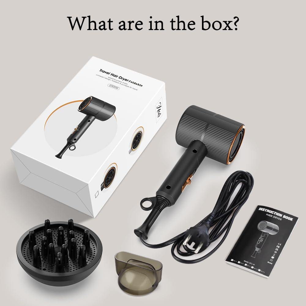 Sèche-cheveux ionique 2000W [Petit/Pliable - 10 x 7 x 19cm/250g] Noir | Sèche-cheveux de voyage avec Concentrateur & diffuseur, Hair Dryer séchage rapide, utilisable en salon