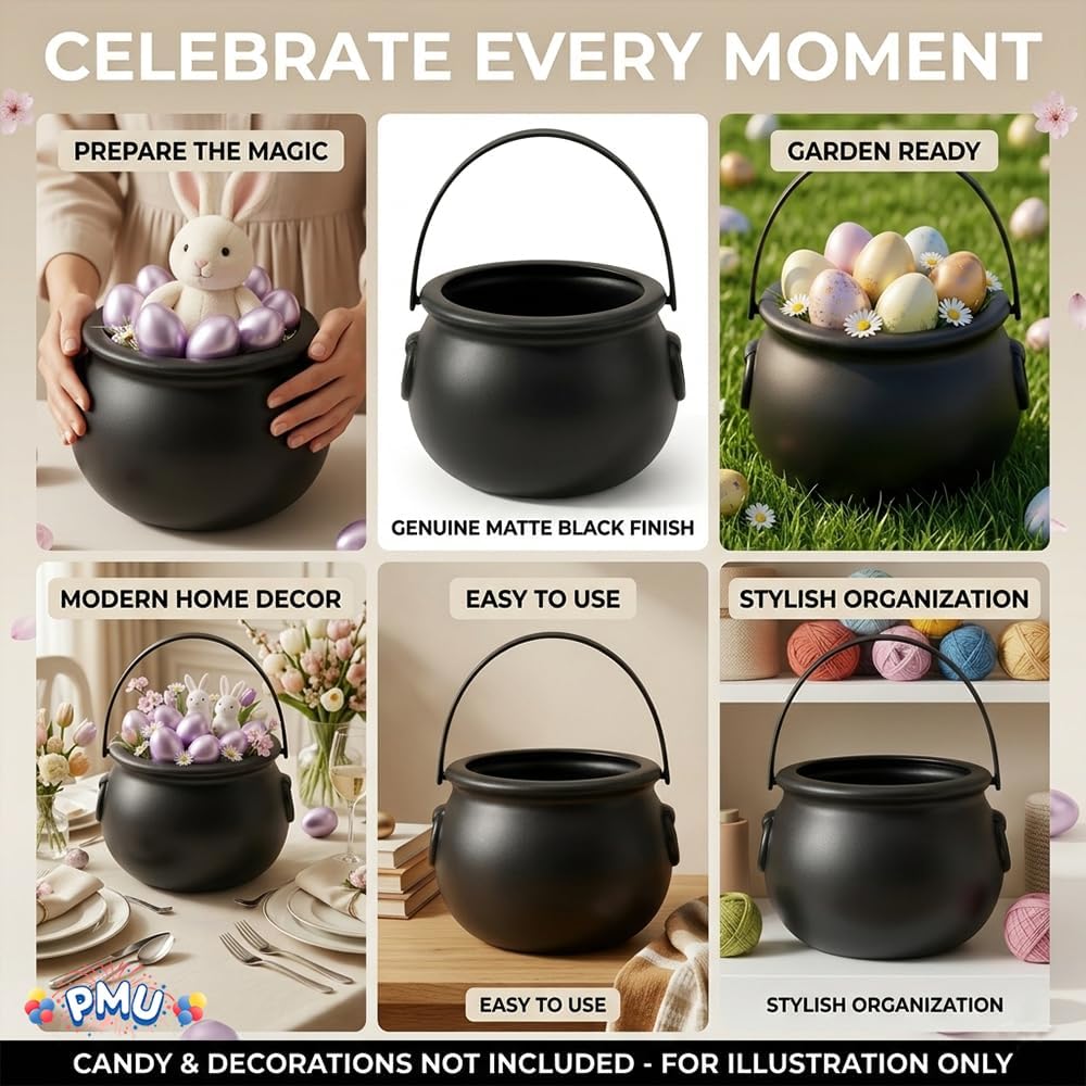 PMU 6 Pcs 8" Cauldron Easter Basket Black Plastic Cauldron Easter Decoration for Home and Party Decoration