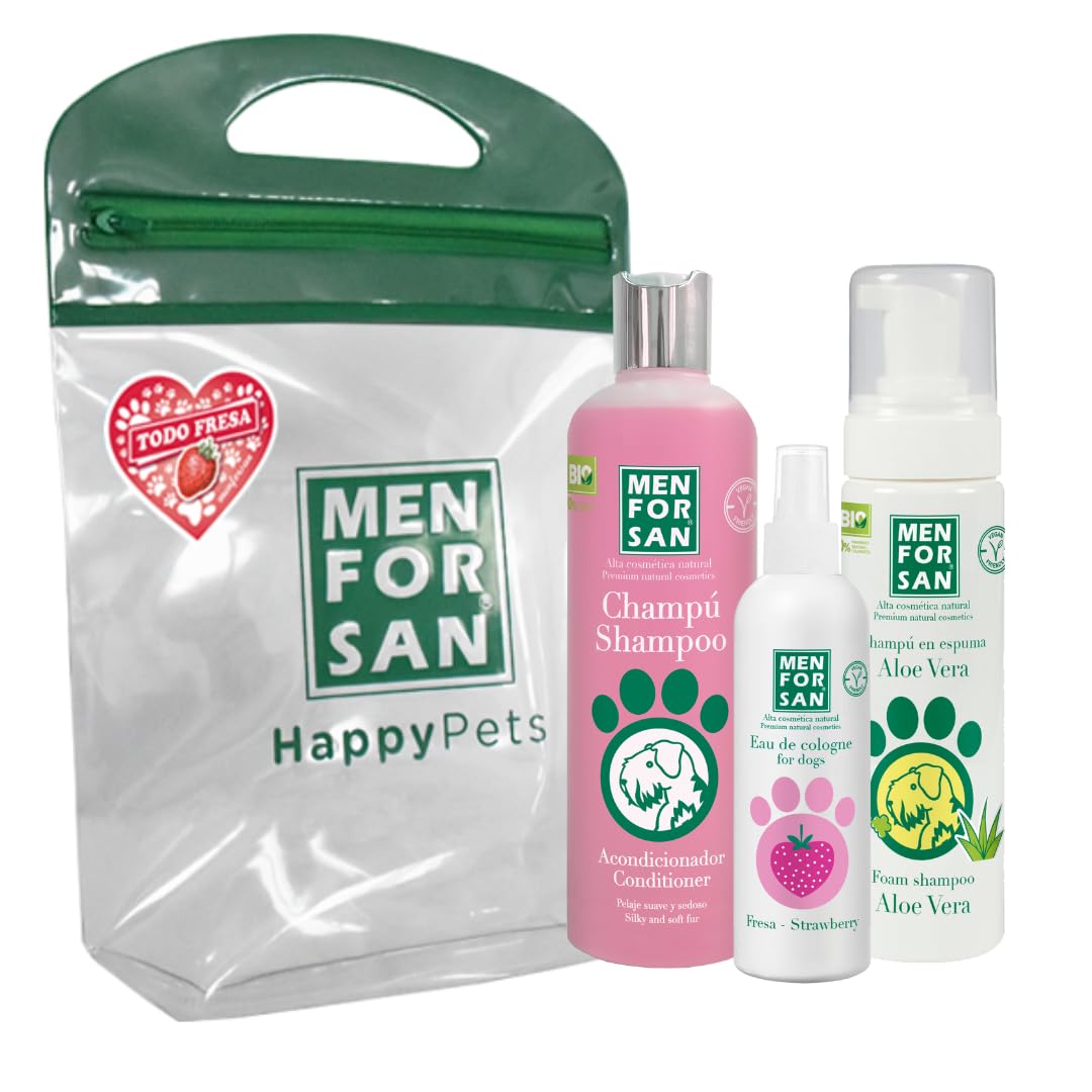 MENFORSAN Pack Higiene y Belleza, Champú Acondicionador, 300ml, Colonia Fresa 125ml, Champú en Espuma para Perros y Gatos 200ml, Rico Aroma a Fresa