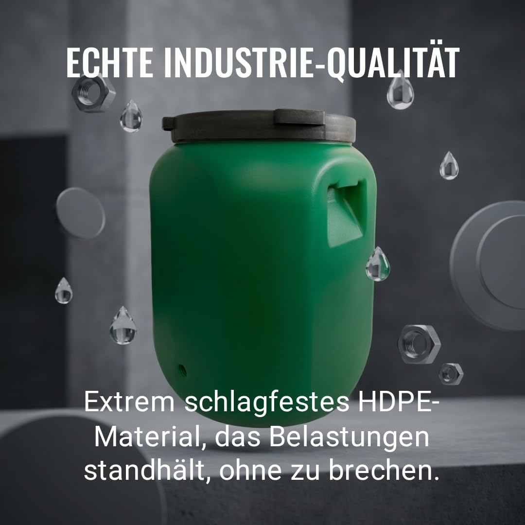 plasteo Barril de boca ancha con tapa, apto para alimentos – barril universal HDPE estable con cierre de rosca, para pienso, almacenamiento y transporte, verde (2x 60 L Cuadrado)