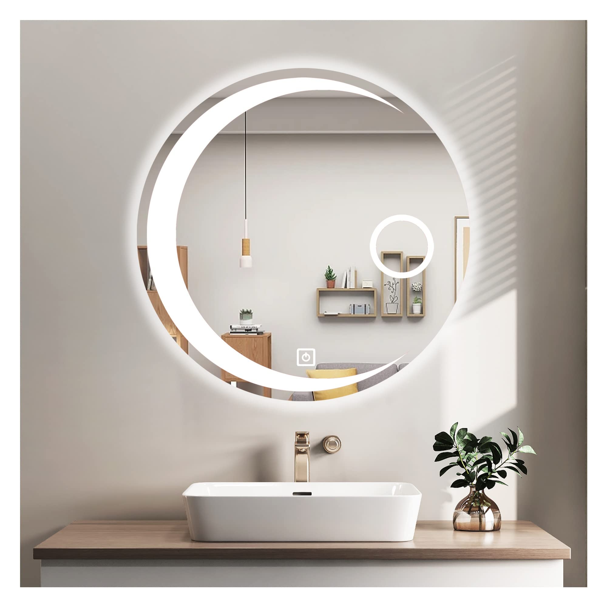 LED Specchio da Tondo Bagno con Luce Smart Specchio da Parete Retroilluminato Bagno, con Regolabile in 3 Colori, Anti-appannamento, lente d'ingrandimento 3X, per Bagno, Spogliatoio o Soggiorno ( Color