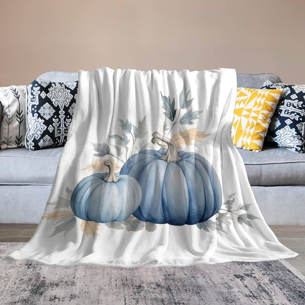 Miniatura 6 de Manta rústica de calabaza azul polvoriento, con estampado de acuarela, Acción de Gracias o Halloween, manta suave de 30 x 40 pulgadas, acogedora