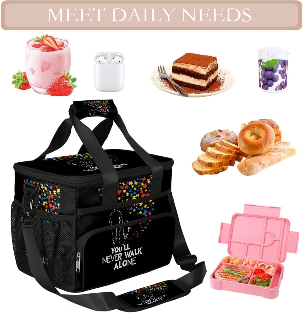 Large Insulated Lunch Bag for Women Men Waterproof Leakproof Adult Autism Color Lunch Box with Adjustable Reusable Cooler Cooling Tote Freezable Meal Prep Pail for Picnic, Office Work
