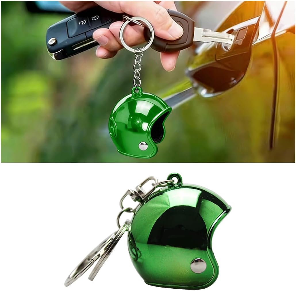 Motorcycle Helmet Keychain, Creative 3D Helmet Key Fob, Cool Motorbike Keyring for Bikers Car Lovers, Universal Fit (Green)