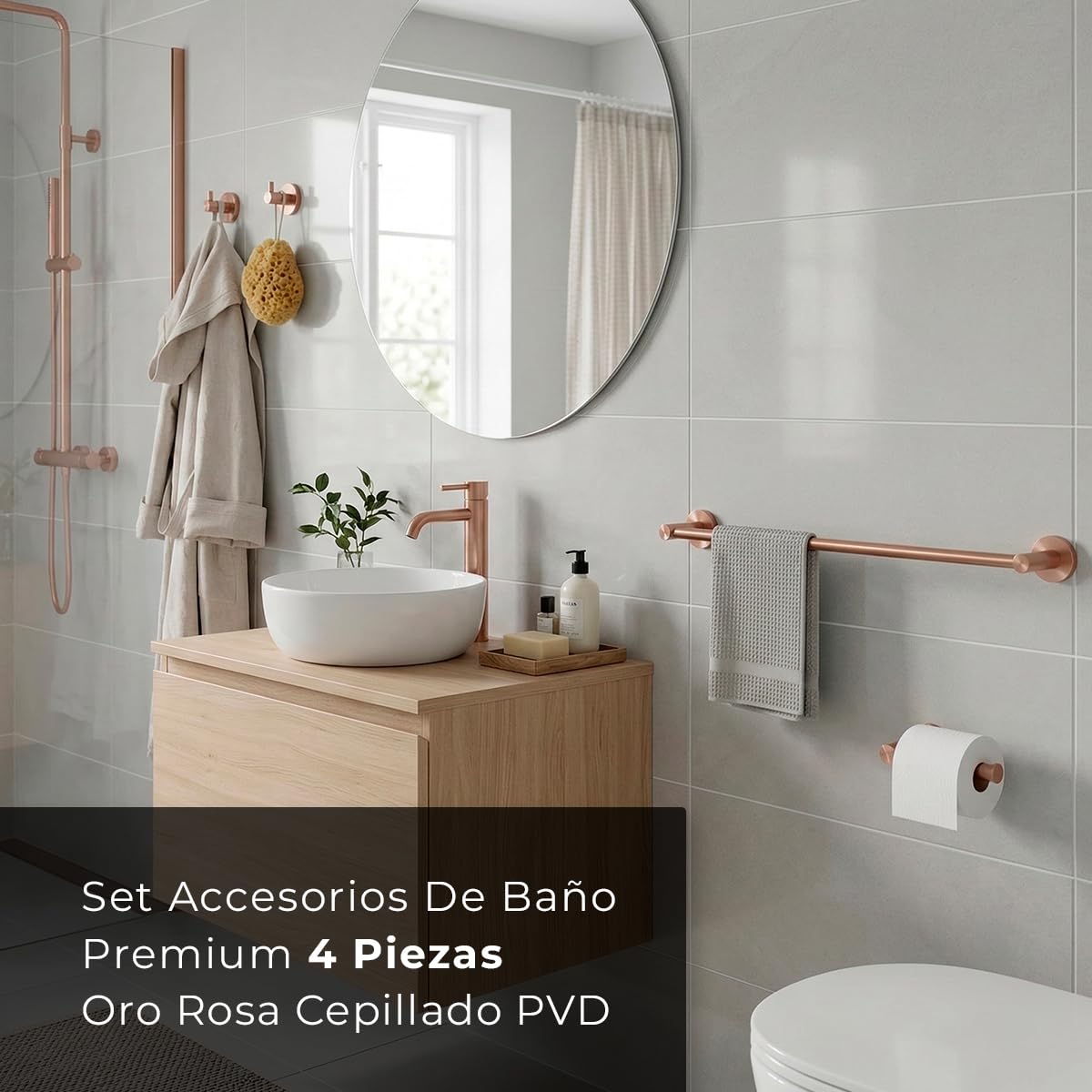 Set de 4 Accesorios de Baño Acero Inoxidable Piezas Premium - Toallero 40 Cm, Portarrollos y 2 Perchas - Color Oro Rosa Cepillado con Acabado PVD y Doble Fijación - The Bath Point
