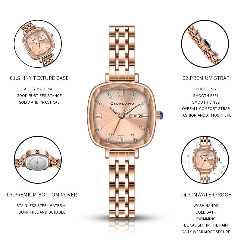 Image of Giordano Elegant Square Rose Gold Watch for Women - Crystal & Roman Hour Markers, Day-Date Display, Stainless Steel Strap