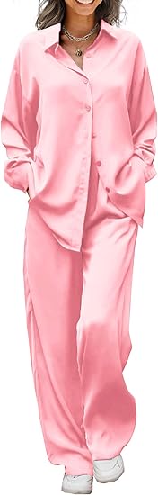 Ekouaer Womens Satin Silky Pajama Set 2 Piece Print PJs Soft Loungewear Button Down Sleepwear with Elastic Waist Long Pants