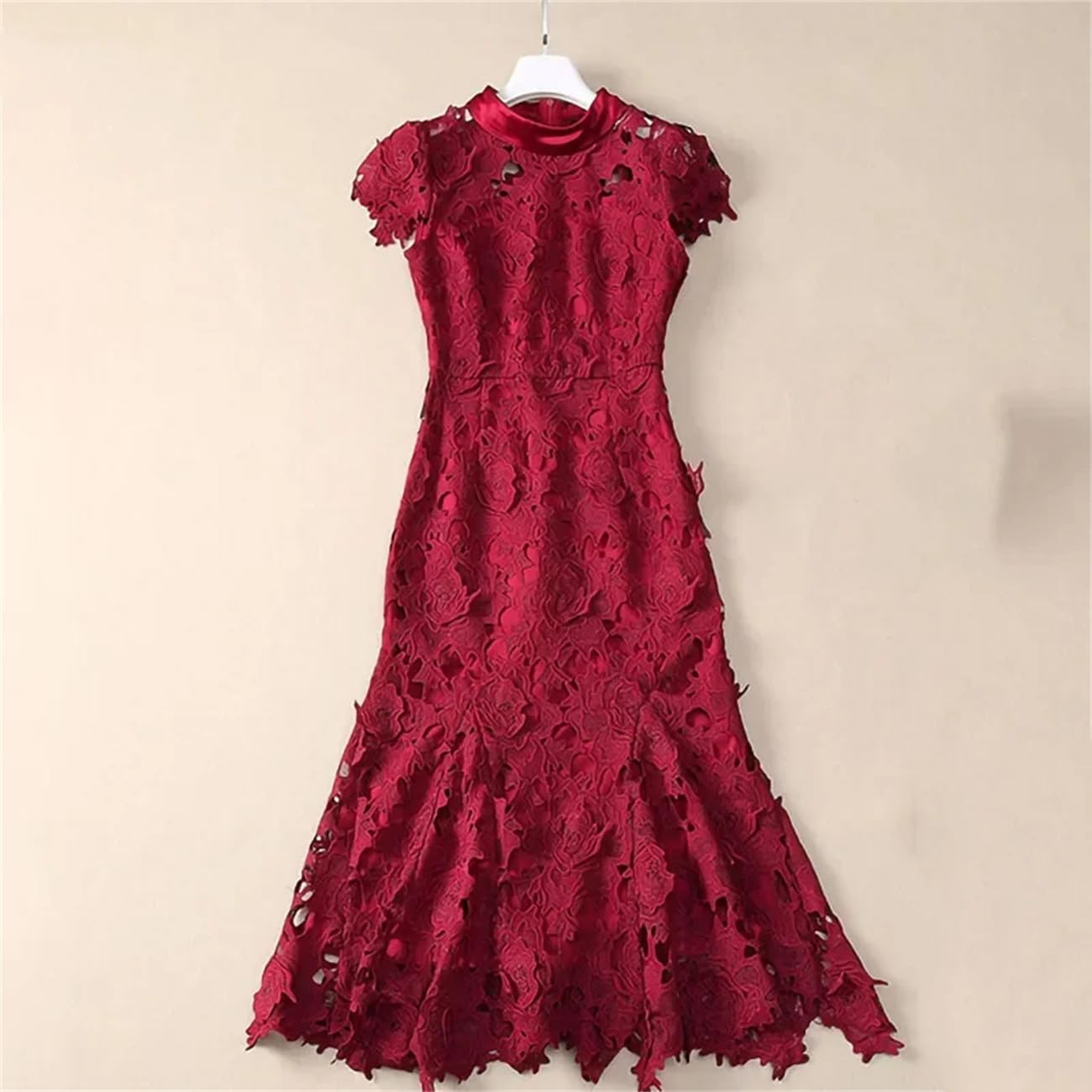 Yeuyyben Moda Primavera Donne Vestito Manica Corta Stand Collare Chic Pizzo Scava Fuori Estate Elegante Partito Abiti