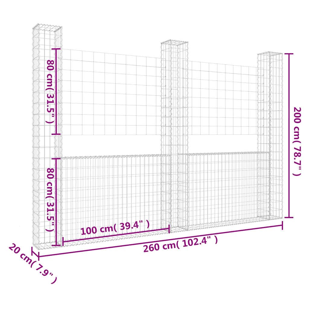 Gavión en forma de U con 3 columnas, hierro plateado, 260 x 20 x 200 cm | Estable gavión de hierro para jardín y exterior. Listo para usar como protección visual eficaz o muro de contención.