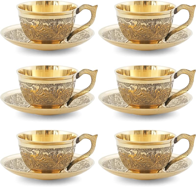 Premium Brass Tea Cup and Saucer Set of 6, Handcrafted Etched Brass Coffee Cups with Matching Saucers, Traditional Serving Set for Home, Dining, Festivals, Weddings & Luxury Gifting-image-23