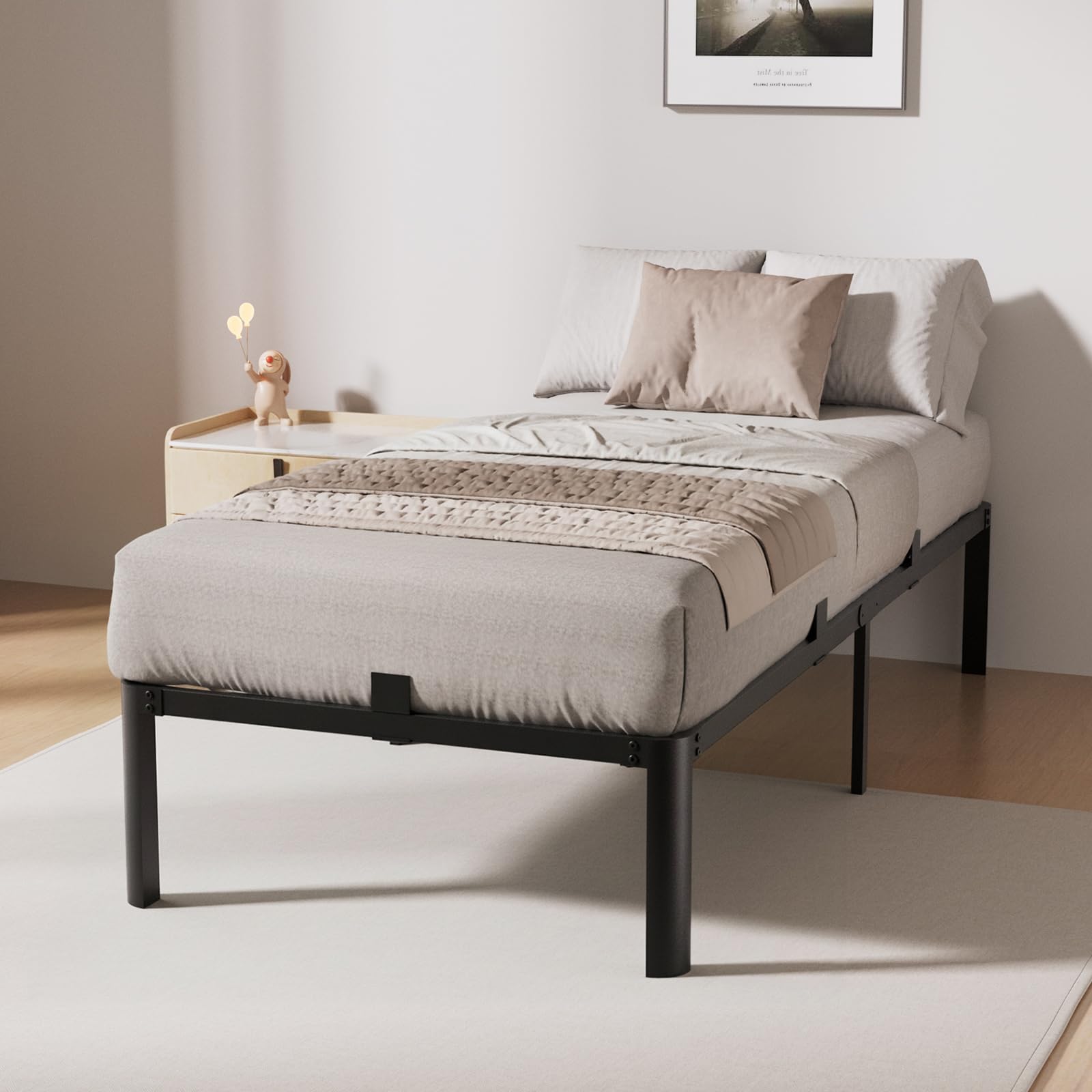 KUTAS Einzelbettgestell, 90 x 200 cm, Höhe 36 cm mit Stauraum unter dem Bett, 14 Reihen Metalllamellen Bett, Kein Boxspringbett Erforderlich, Einfach zu Montieren, Geräuschlos, Modern, Schwarz