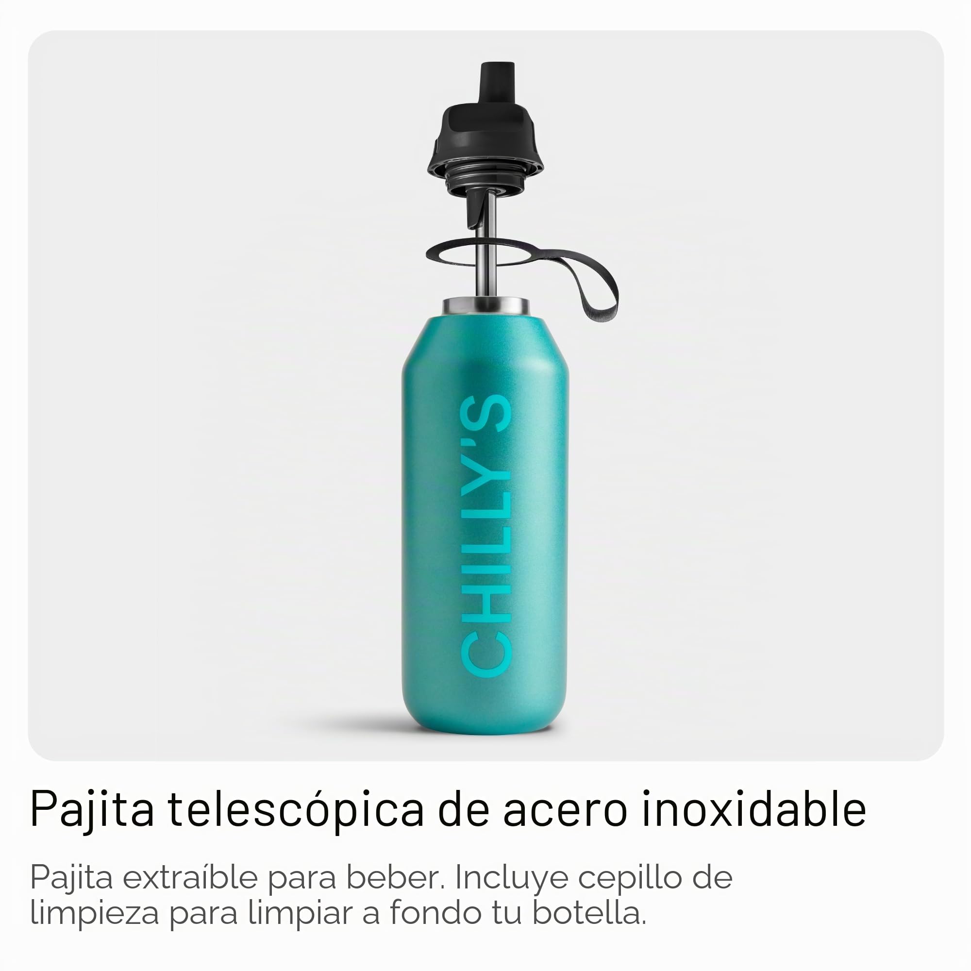 Chilly's Botella de Agua Serie 2 Flip con Tapa Deportiva - Botella de Acero Inoxidable con Aislamiento al Vacío, Pajita, Asa de Transporte y Cepillo de Limpieza - Sin Sudor