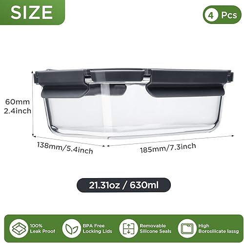 Miniatura 2 de Contenedores de vidrio para almacenamiento de alimentos con tapas de vidrio, paquete de 4 recipientes de 22 onzas, recipientes de vidrio para