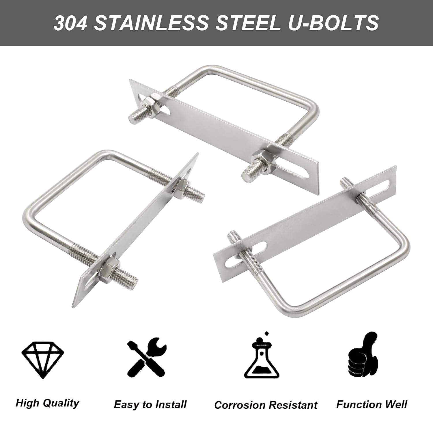 304 Stainless Steel Square U-Bolts, 4 Sets, M8 x 82 x 75mm