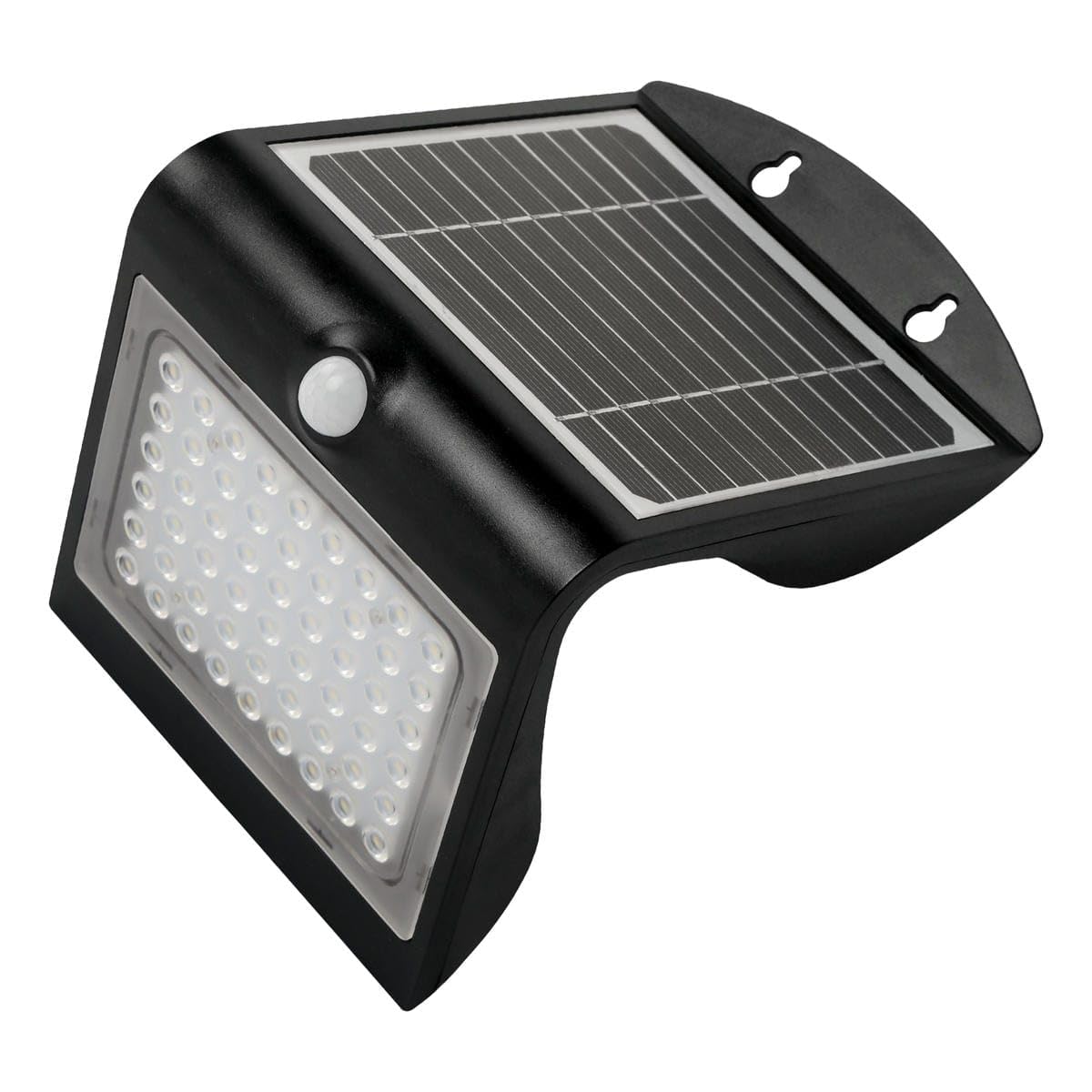 Faretto LED solare nero da 4 W con sensore di movimento per illuminazione esterna e sicurezza notturna.