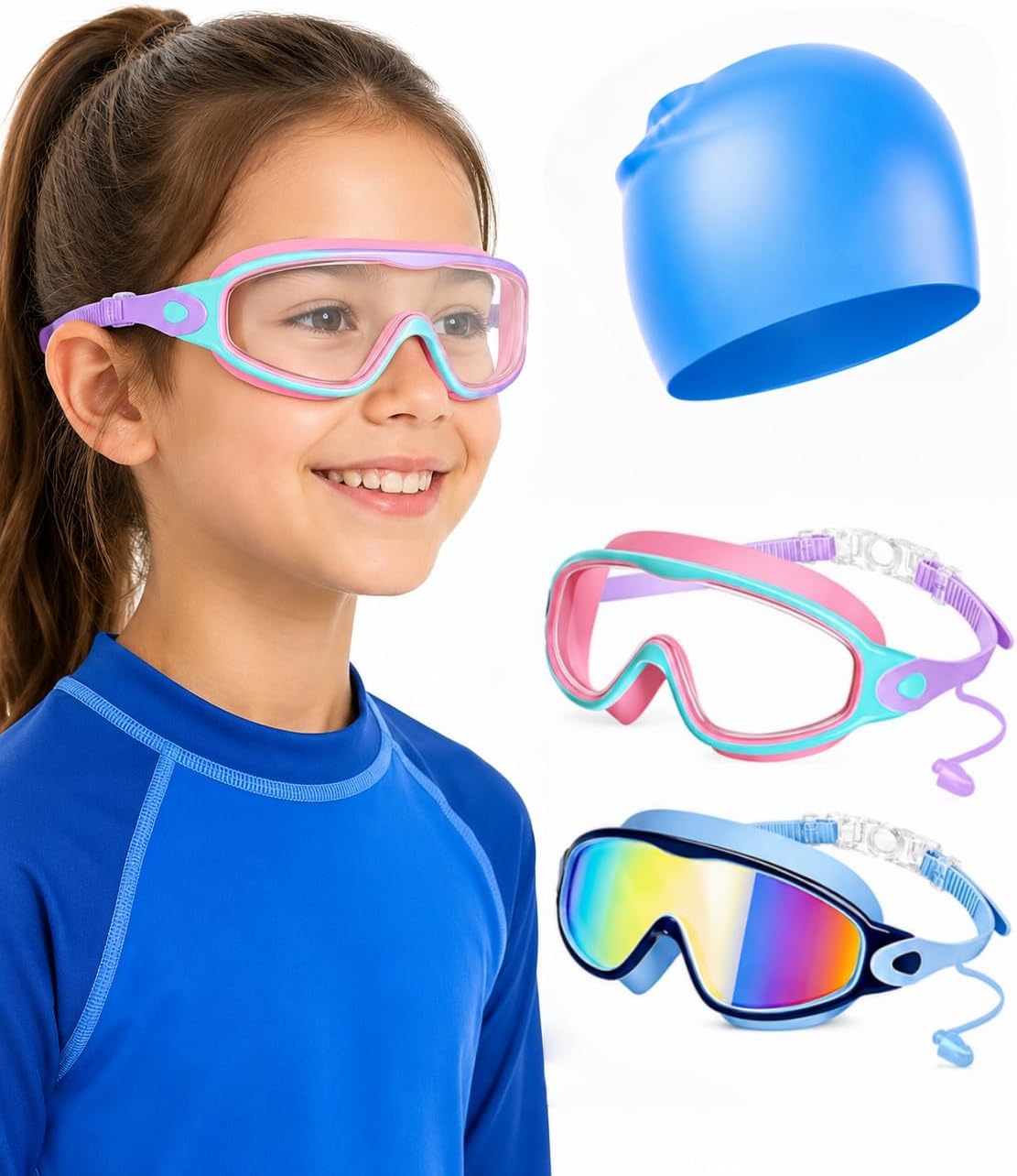 Kids Swim Goggles 2 Pack with Kids Swim Cap, Goggles for Kids Ages 3-14 | Anti-Fog UV Protection, No-Leak Wide View Toddler Goggles for Boys and Girls, Pool, Beach and Swim Lessons