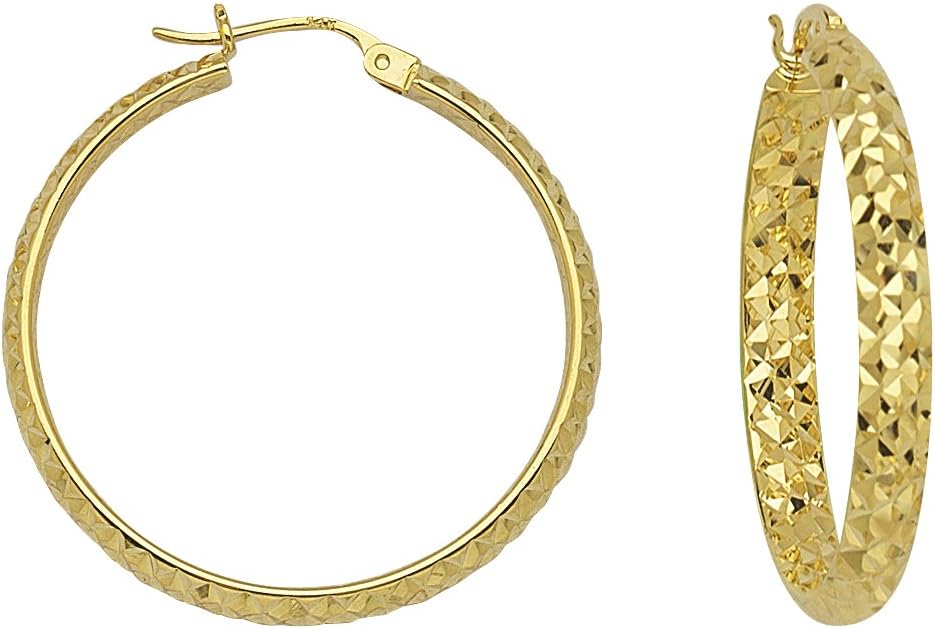 14K Yellow Gold 3 mm Diamond Cut Hoop Earrings 1.2" Diameter