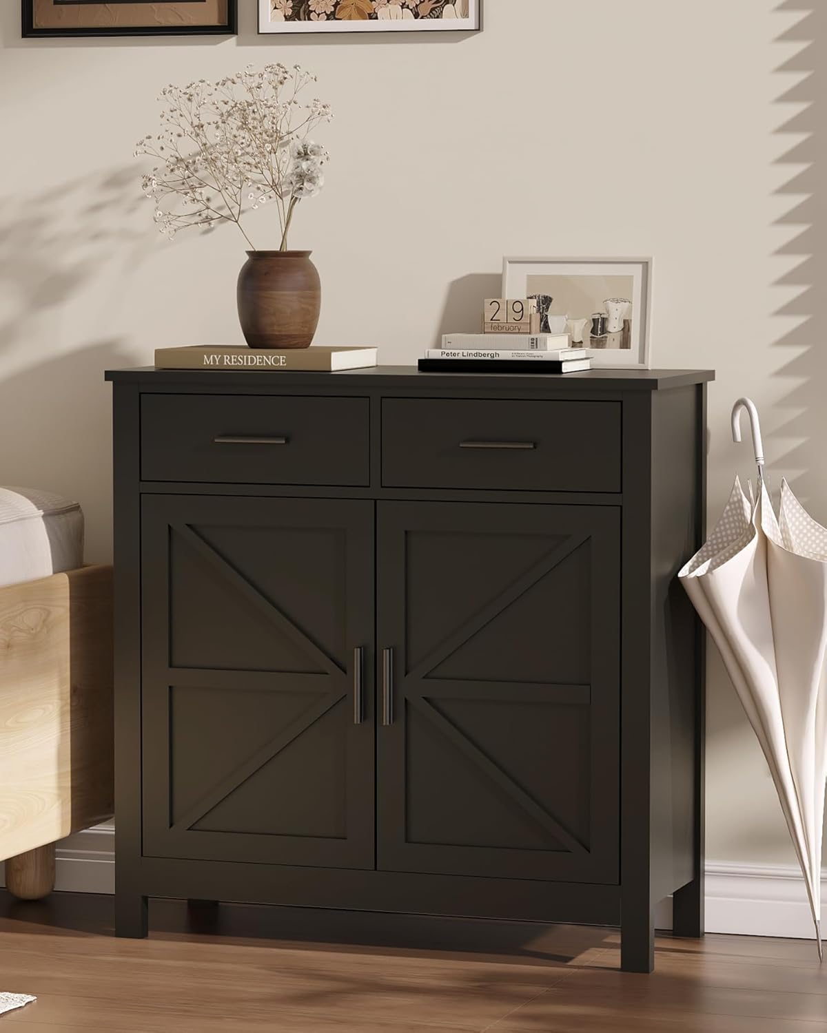 Coffee Bar Cabinet，Sideboard， Comes with Two Drawers and Two Doors, Featuring One Adjustable Shelf. It's Suitable for Bedrooms, Living Rooms, Bathrooms, or Entryways (Black)