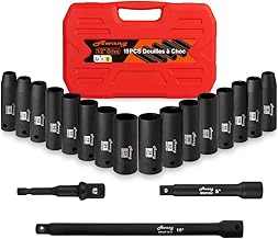 Awang 19pcs Jeu de coffret douilles à choc 1/2",8-24mm douilles à impact CR-V，3'',5'',10''barres d'extension avec 3/8'' à 1/2'' Adaptateur de clé à douille inclus