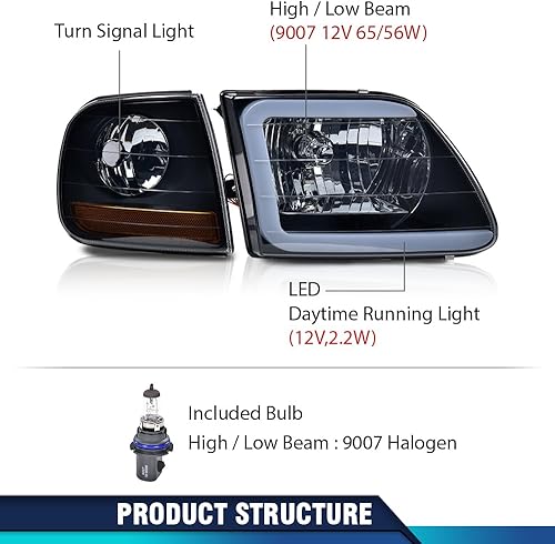 Miniatura 4 de PIT66 Lente ahumada carcasa negra reflector ámbar estilo relámpago LED DRL tira de faros delanteros y luces de estacionamiento de esquina compatible