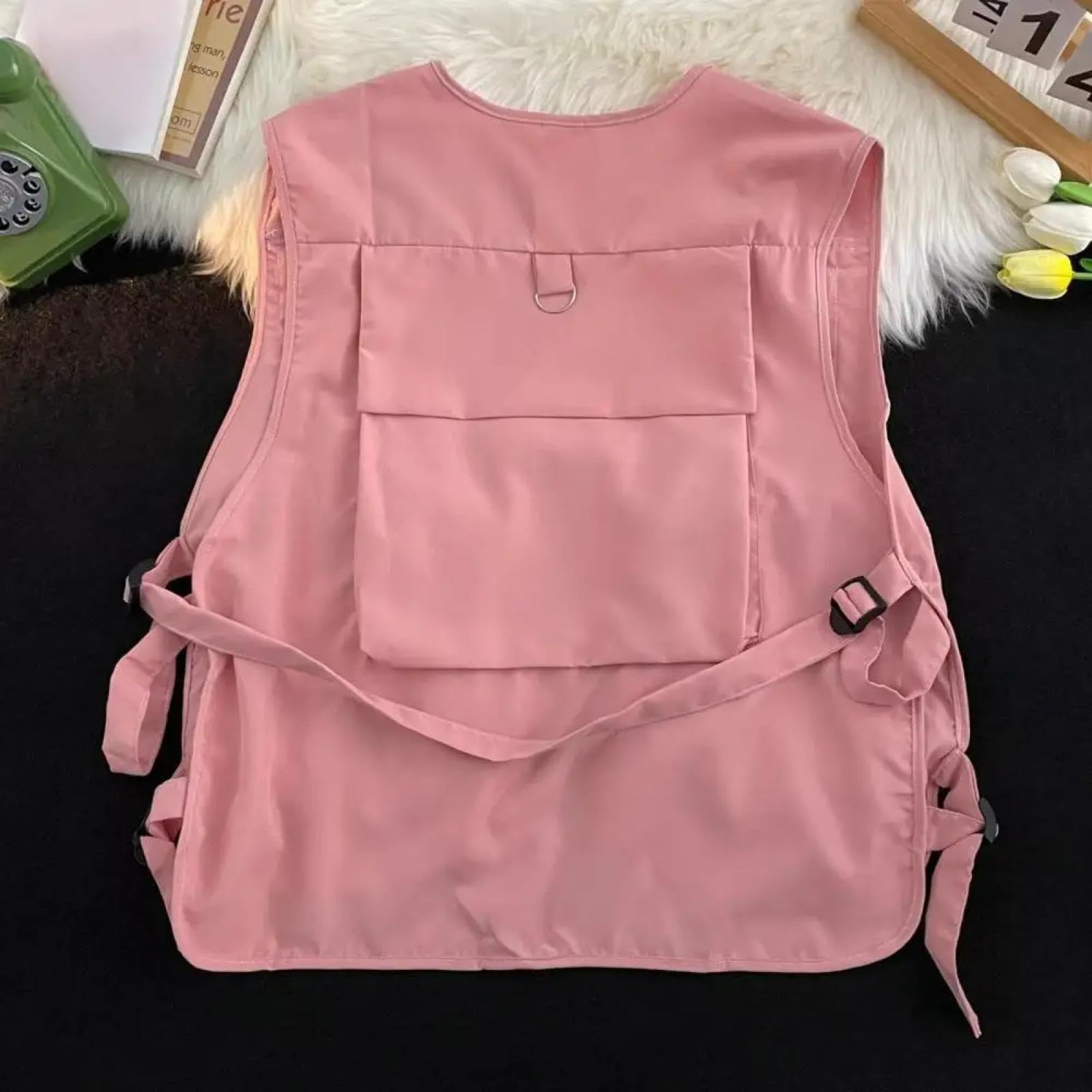 Gilet Vest Gilet Unisex Stile Hip-Hop Tinta Unita Gilet Senza Maniche Cappotto Chiusura con Fibbia Allentata Multi Tasche Gilet Cargo da Donna