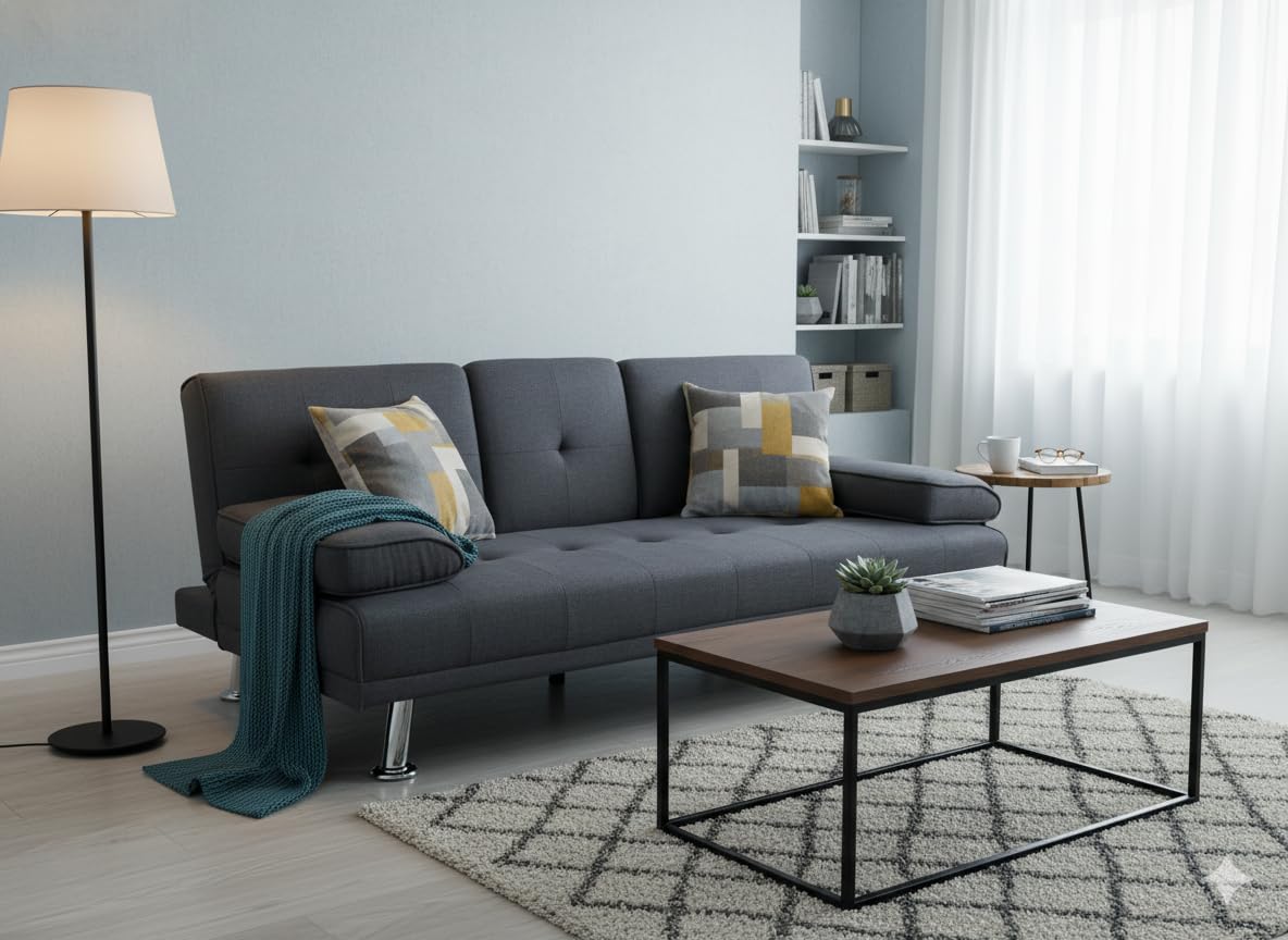 MUEBLIX.COM - Sofa Cama Canos 3 Plazas, Sillón Cama, Cama Sofa, con Mesa Abatible, Tapizado Tela Sintética, Apertura Clic-Clac, Sofa de Diseño, Color Gris