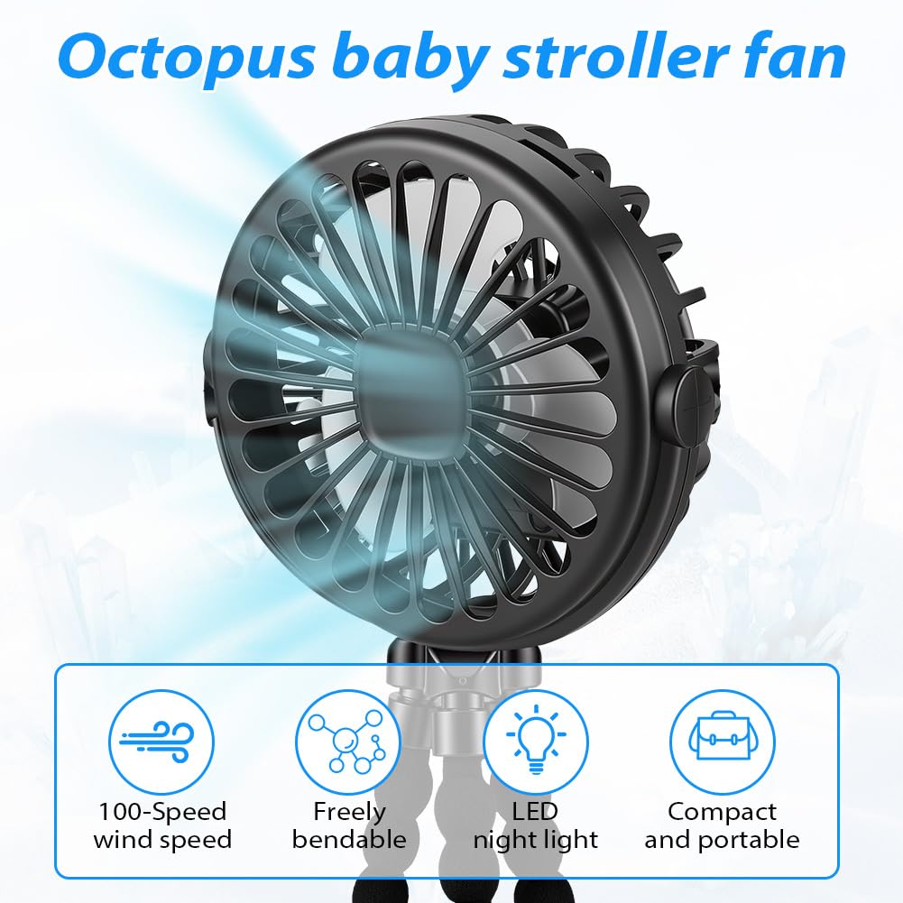 Vicloon Ventilatore Portatile per Passeggino, con Display Digitale e Clip di Fissaggio, Supporto Flessibile per Treppiede, Mini Ventilatore Portatile con Tre Luci e 100 Velocità (Con display， Nero)