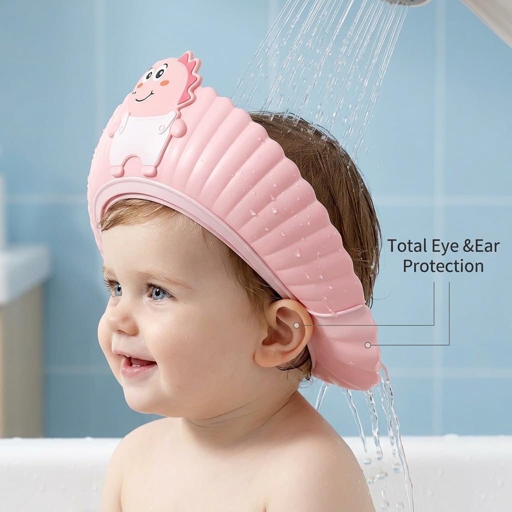 Silicone Adjustable Kids Shower Cap, Tear-Free Shampoo Protection Hat for Baby Toddler Children, Safe Waterproof Bathing Hair Wash Cap 0-9 Years (Pink)