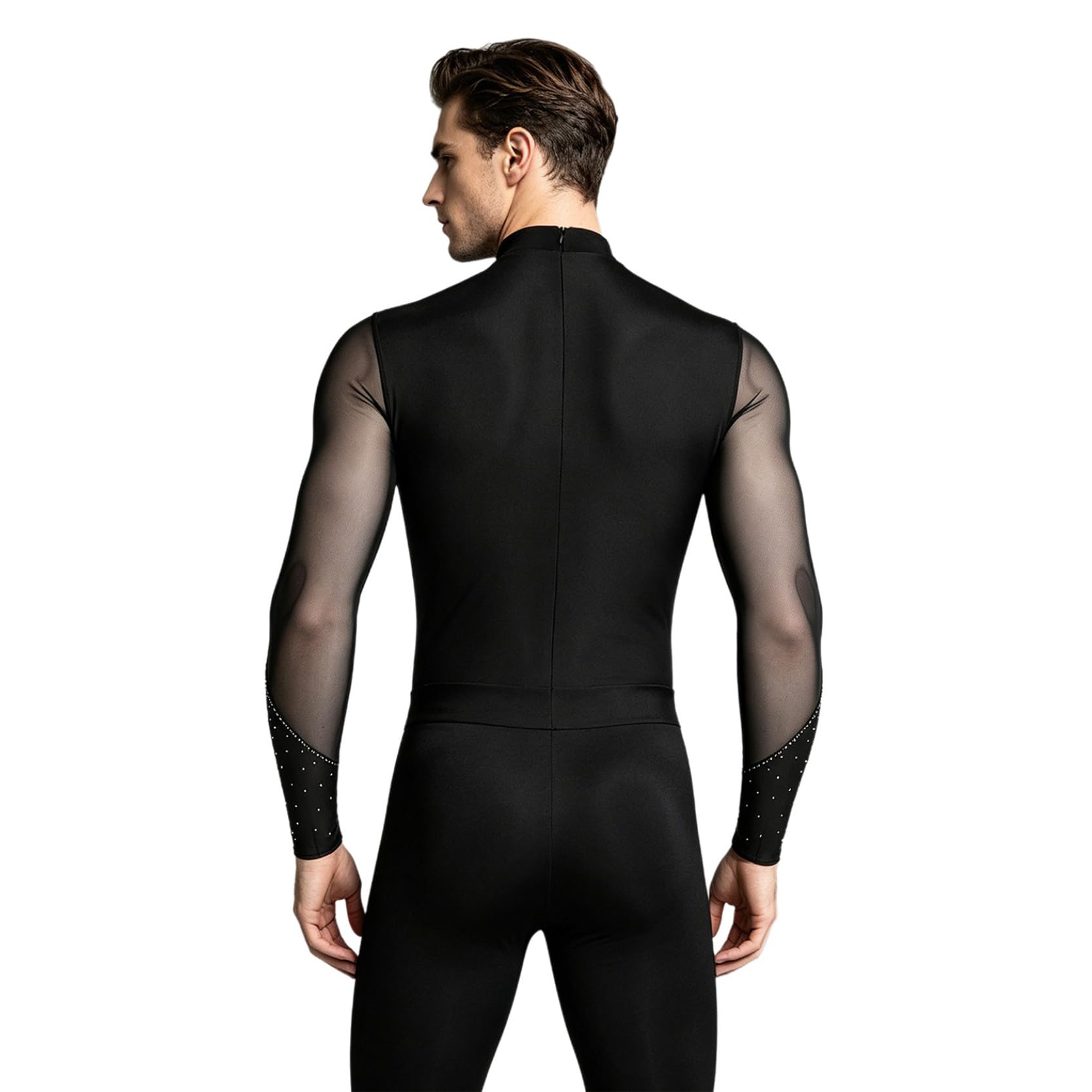 inlzdz Herren Latein Standard Tanzkostüm Hemdbody Langarm Leotard Trikot Glitzer Tanzshirt Oberteil Slim Fit Tanzkleidung