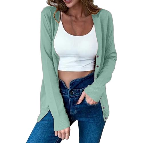 2024 Cotton Cardigans for Women Lightweight V-Neck Long Sleeve Open Front Button Up Knitted Cardigans Outerwear