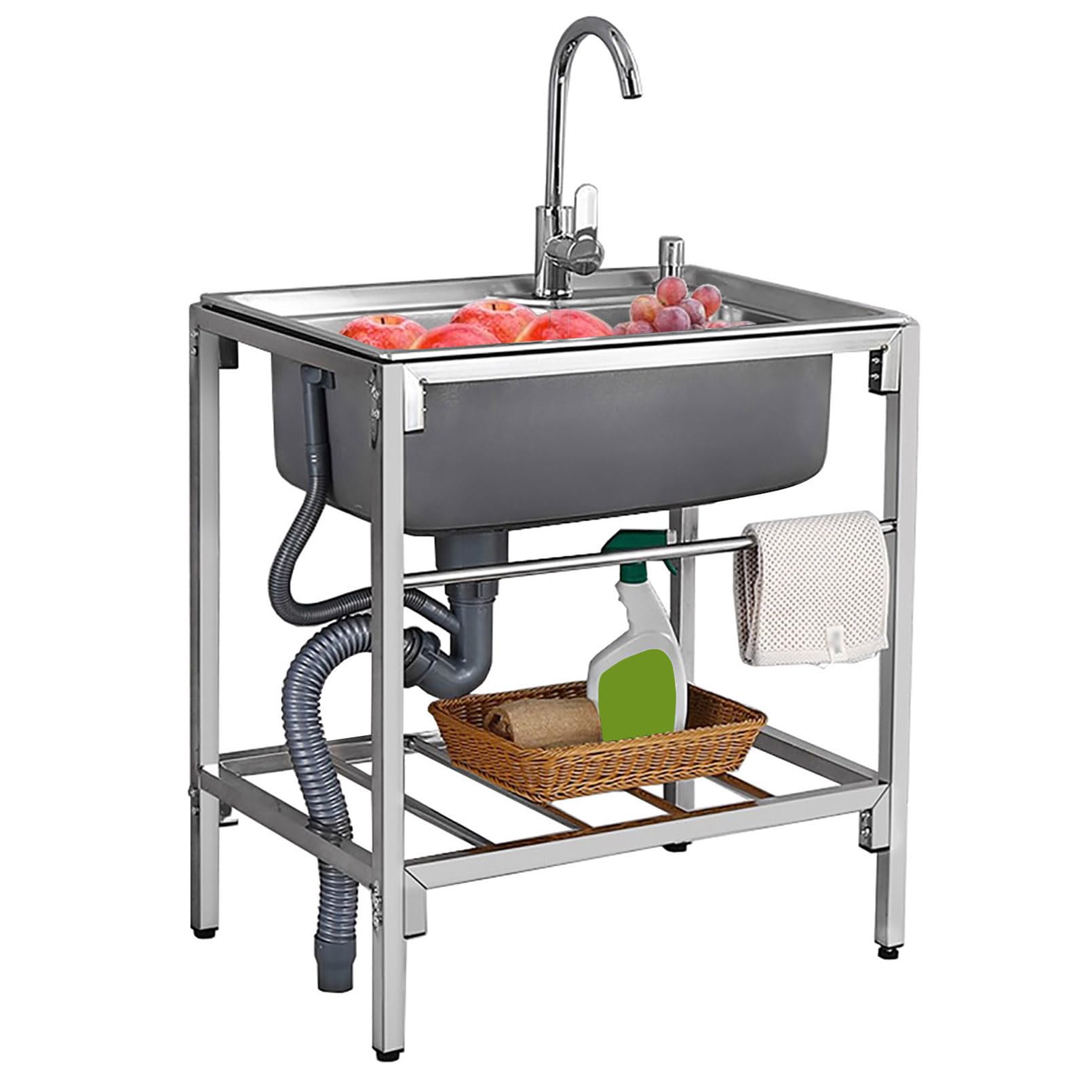 Lavello di Servizio in Acciaio Inox autoportante a Vasca Singola per Uso Commerciale, ristoranti, cucine, postazione di Lavaggio, lavabo con ripiano portaoggetti, Vasca per Lavande