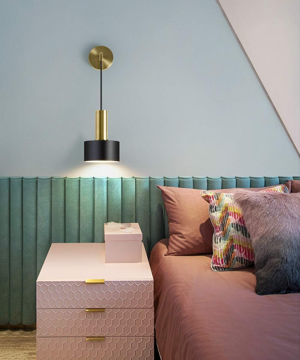 Kiven 1-Light Mid Century Modern Wall Light,Matte Brass,Matte Black Shade,Cord Length Adjustable