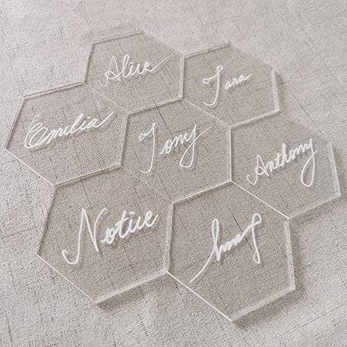 JINMURY 25 PCS Clear Acrylic Hexagon Place Cards- Laser Cut Acrylic Seating Cards Blanks Handwritten Calligraphy Name Cards Escort Cards and Morden Wedding Table Decor