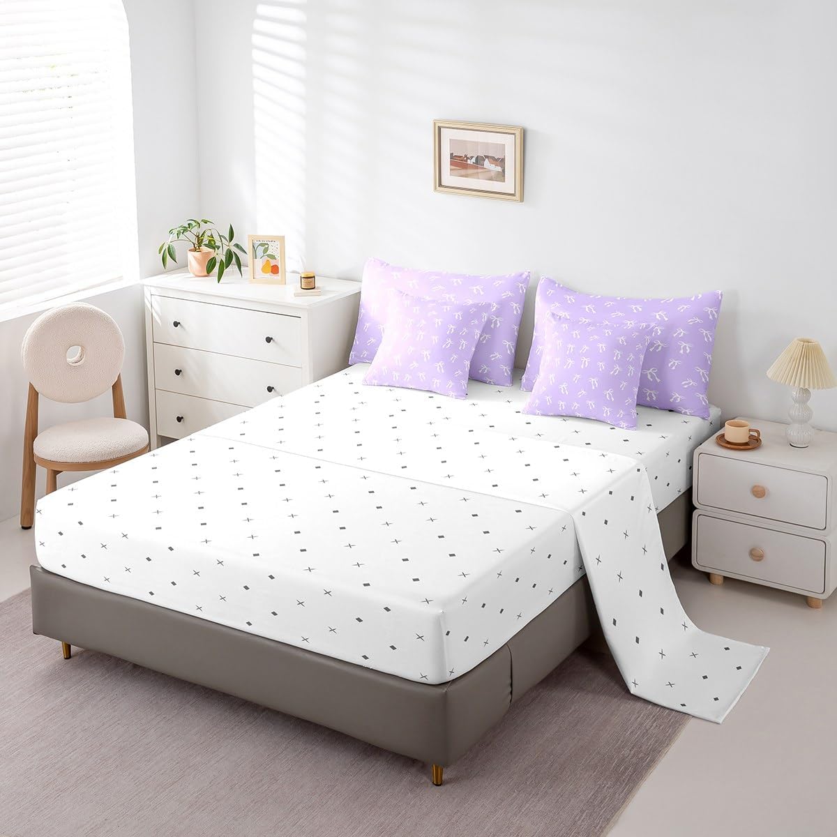 Erosebridal 7 Piece Kawaii Bow Knot Bedding Sets White Coquette Bow Comforter Set Full Purple Princess Bed in a Bag Modern Watercolor Aesthetic Bedding Set with Comforter Simple Bow Tie Decor