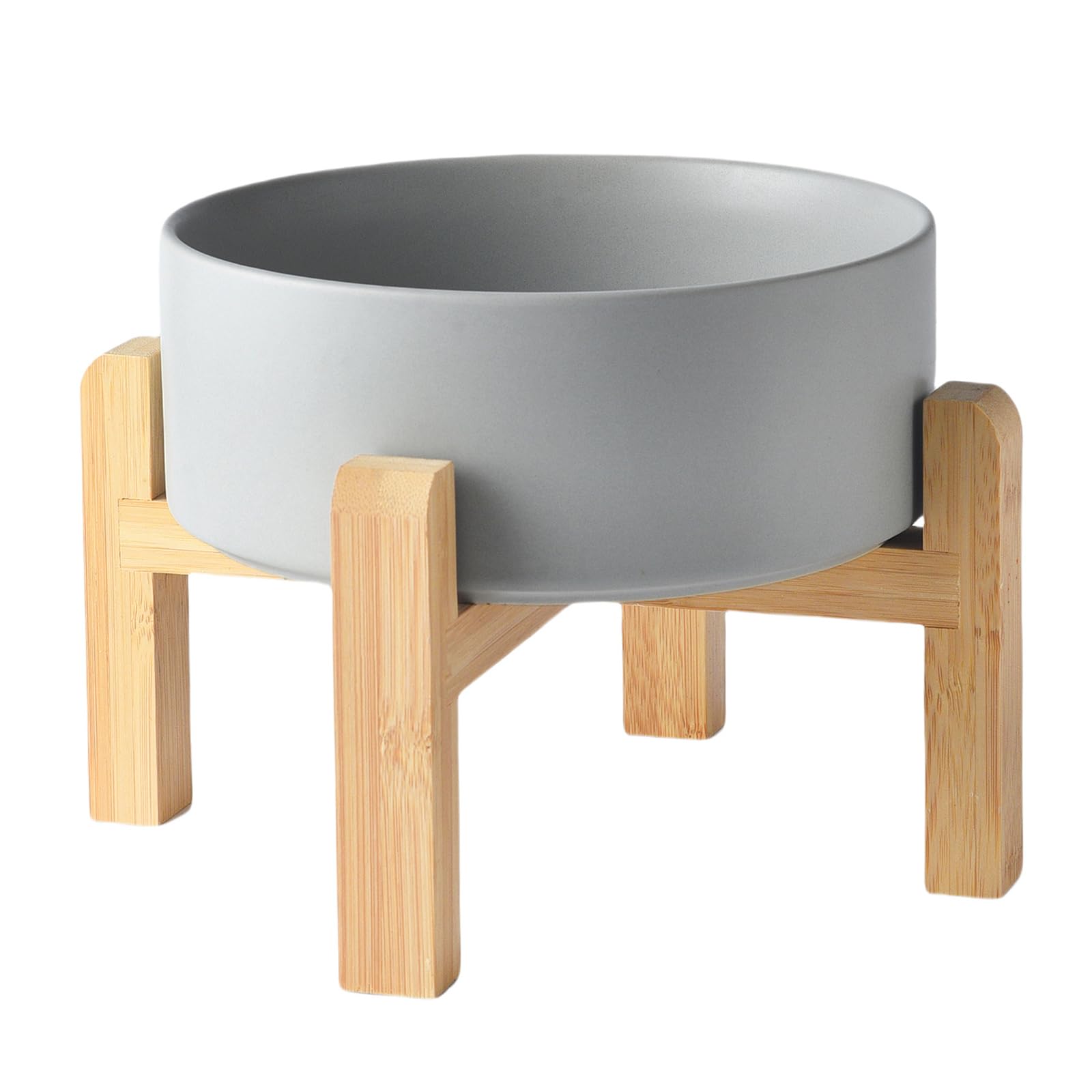 Welloyed 8'' Ceramic Raised Dog Bowl - 70Oz Dog Food & Water Bowl with Elevated Non-Slip Bamboo Stand, Dishwasher & Microwave Safe, Anti Vomiting Heavy Duty Pet Bowl for Medium and Large Dogs, Grey