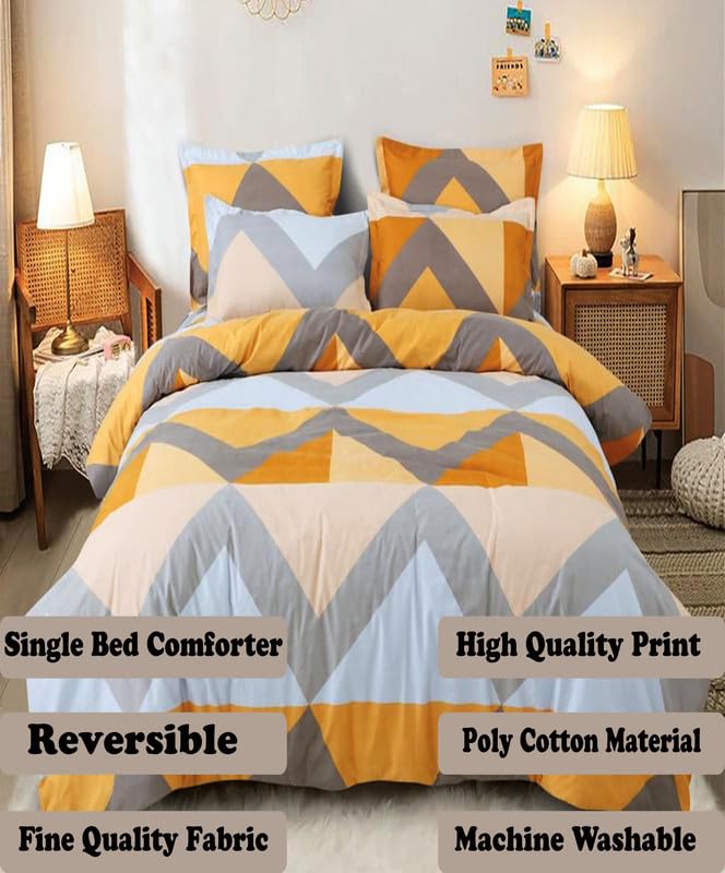Image of Polycotton Polyester Polyfill 120 GSM Reversible Single Bed Comforter, Blanket, Queen (60x90 inch) Yellow & Grey