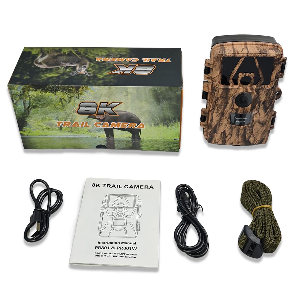 Caméra de chasse WiFi 8K 60MP avec vision nocturne et carte SD 32 Go, activée par le mouvement, étanche IP67, portée de 30,5 m, grand angle de 120°, 42 LED infrarouges sans lumière