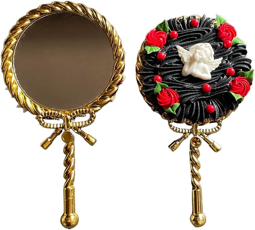 Flower Cake Strawberry Cupid Hand Mirror,Vintage Handheld Mirror,Fancy & Pretty Princess Mirror with Long Handle,Gift for Girls & Women (Strawberry)