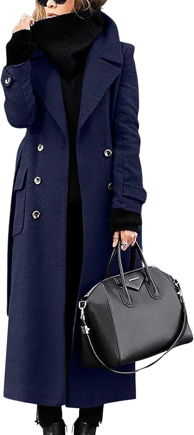 ebossy Women's Winter Double Breasted Wool Coat Elegant Notched Lapel Belted Mid Long Pea Trench Coat fashion product photo