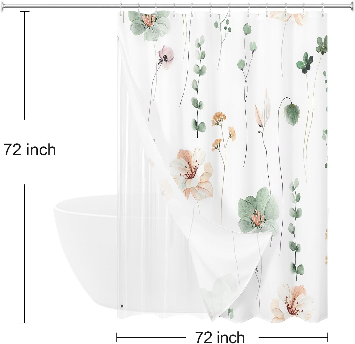 Gibelle 3 in 1 Shower Curtain Set, Sage Green Watercolor Floral Bath Curtain and PEVA Liner Set with 12 Double Sided Steel Hooks, Waterproof Fabric Bathroom Curtain 72x72
