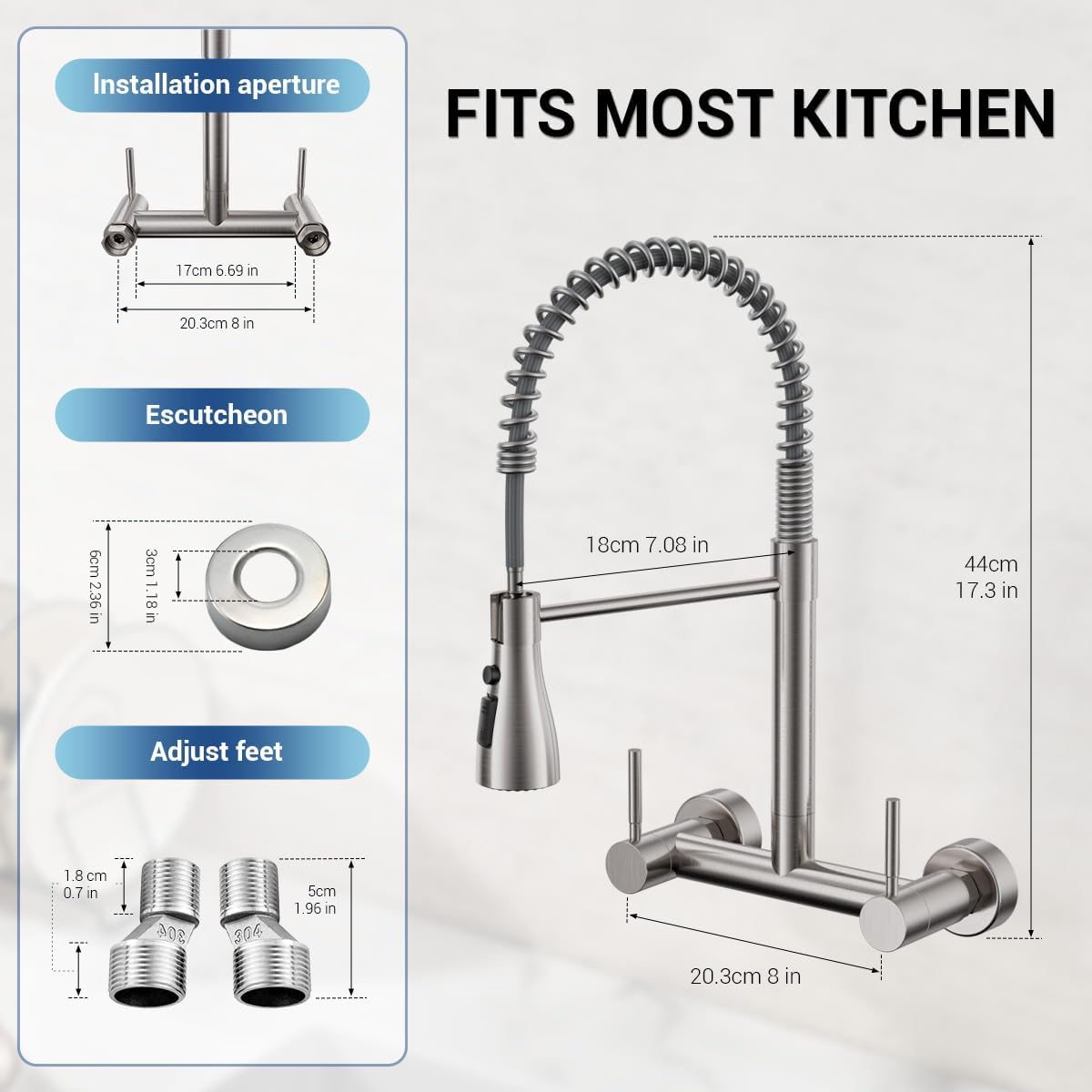 Wall Mount Kitchen Faucet with Pull Down Sprayer 3 Functions, 304 Stainless Steel Wall Mount Faucet 8 Inch Center, 2 Handle Kitchen Sink Faucet High Arc 360° Swivel, Brushed Nickel
