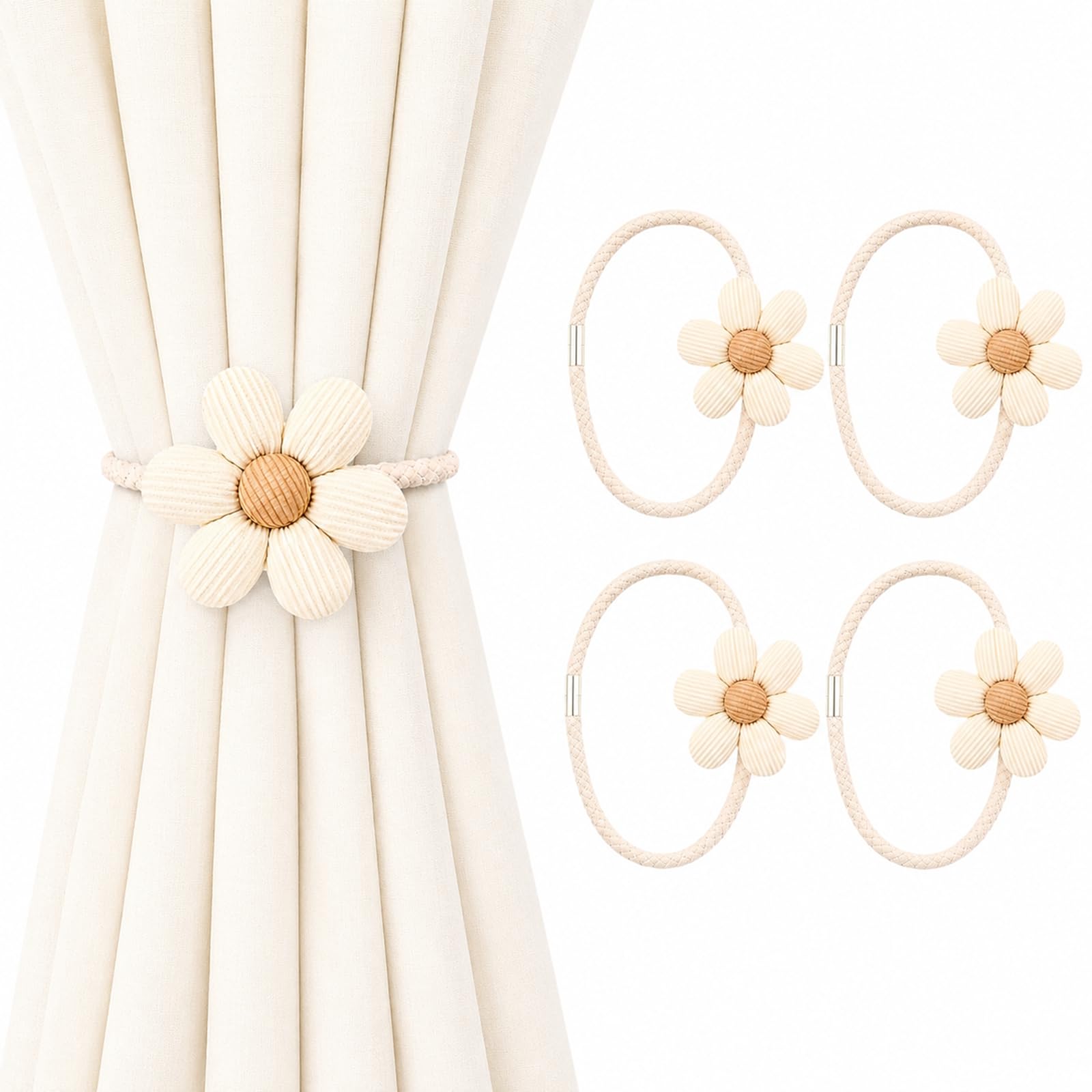 4-PackMagnetic Curtain Tie Backs, Beige Flower Holdbacks, 42 cm Loops — image 1
