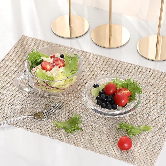 Image of PrimeWorld Glass Cereal Bowl with Handle and Lid - Clear Small Soup, Yogurt, Oatmeal Breakfast Bowl - Microwave Safe Glassware for Dessert, Pasta, Rice - 600ml Capacity-Set of 1pc