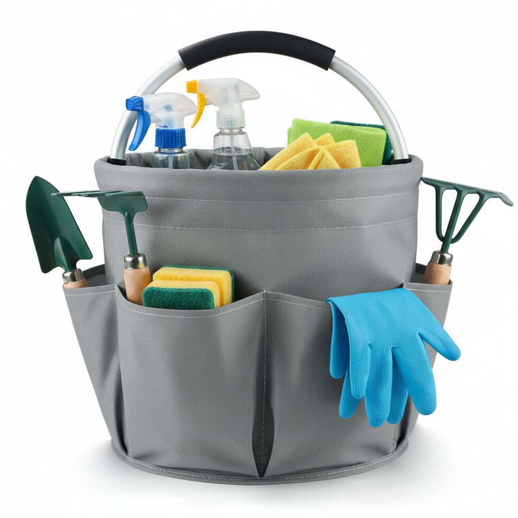 Foldable Cleaning Caddy with Handle & 6 Side Pockets, Heavy-Duty Bucket Tool Bag Wear-resistant Cleaning Products Organiser Housekeepers Basket Multi-Use for Bathroom, Home Cleaning, Camping, Beach