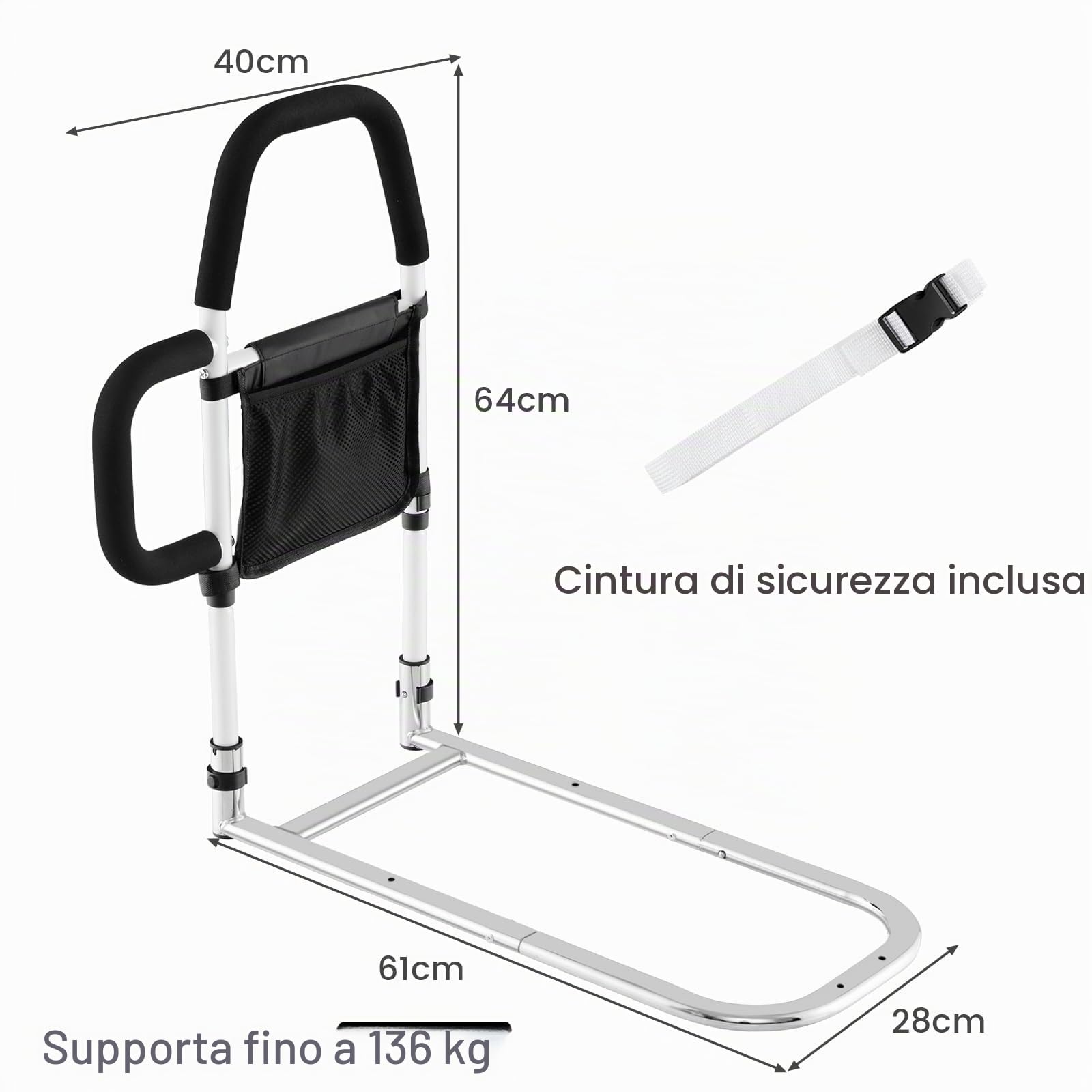 HOMASIS Sponda Letto Anziani, Sbarra Letto Anziani con Cinghia di Sicurezza e Borsa di Stoccaggio, Barriera in Metallo per Persone Disabili, Bambini, Portata 136 kg, Adatto a Varie Letti