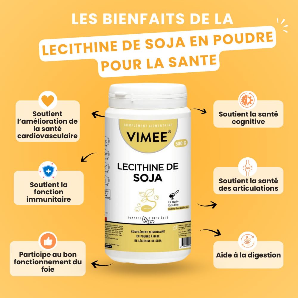 Lécithine de Soja en Poudre Vimee - Complément et Additif Alimentaire à Base de Phospholipides de Soja - Foie, Cerveau - 500 G - 500 Jours