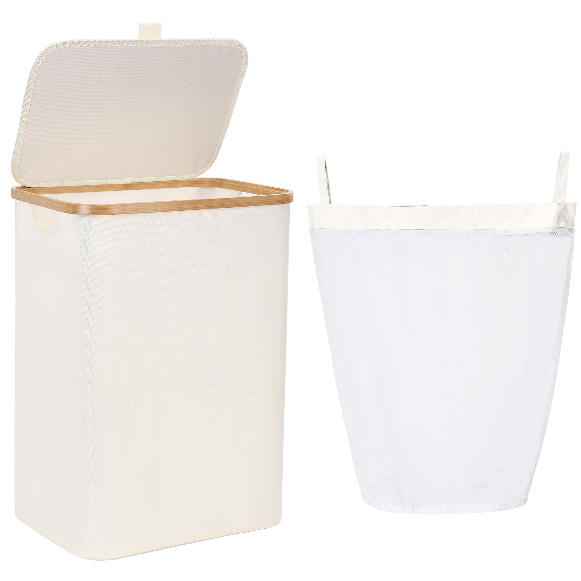 Sea Team White 66L Lidded Bamboo Handle Laundry Storage Hamper