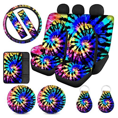 Upetstory Tie Dye Car Seat Cover for Women Front Back Seat Covers with Steering Wheel Cover,Car Console Cover,Coasters,Keychains,Seatbelt Covers for Adults