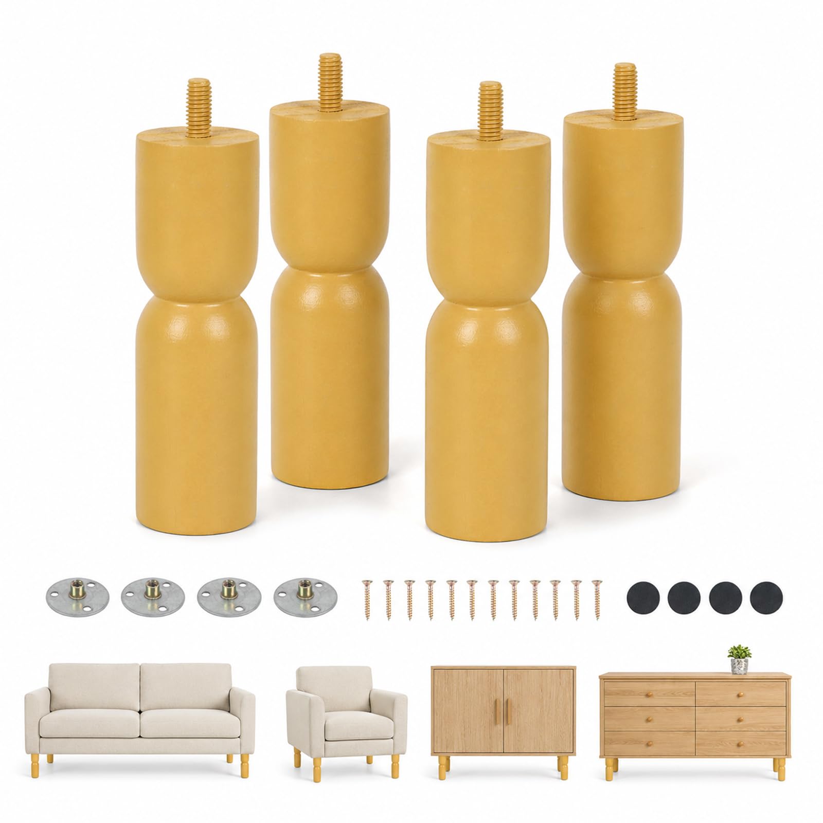 Wooden Furniture Legs Set of 4, 13 x 4 cm Cylindrical Yellow Sofa Feets
